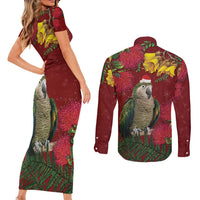 Kakapo Bird New Zealand Couples Matching Short Sleeve Bodycon Dress and Long Sleeve Button Shirt Floral Christmas