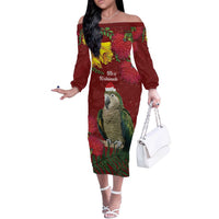 Kakapo Bird New Zealand Off The Shoulder Long Sleeve Dress Floral Christmas LT7 Women Red - Polynesian Pride
