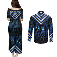 New Zealand Matariki Couples Matching Puletasi and Long Sleeve Button Shirt Galaxy Poutama Motifs