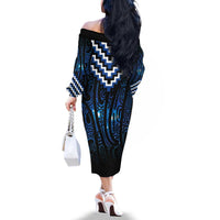 New Zealand Matariki Family Matching Off The Shoulder Long Sleeve Dress and Hawaiian Shirt Galaxy Poutama Motifs