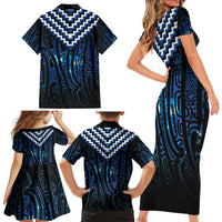 New Zealand Matariki Family Matching Short Sleeve Bodycon Dress and Hawaiian Shirt Galaxy Poutama Motifs