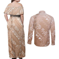 Hawaii Beige Kapa Couples Matching Off Shoulder Maxi Dress and Long Sleeve Button Shirt Vintage 'Ohe Kāpala Motifs Mix Plumeria Leis