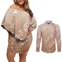 Hawaii Beige Kapa Couples Matching Off Shoulder Short Dress and Long Sleeve Button Shirt Vintage 'Ohe Kāpala Motifs Mix Plumeria Leis