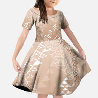 Hawaii Beige Kapa Family Matching Off Shoulder Short Dress and Hawaiian Shirt Vintage 'Ohe Kāpala Motifs Mix Plumeria Leis