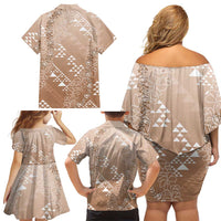 Hawaii Beige Kapa Family Matching Off Shoulder Short Dress and Hawaiian Shirt Vintage 'Ohe Kāpala Motifs Mix Plumeria Leis