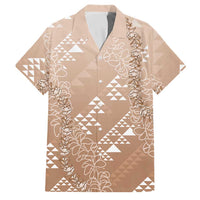 Hawaii Beige Kapa Family Matching Off Shoulder Short Dress and Hawaiian Shirt Vintage 'Ohe Kāpala Motifs Mix Plumeria Leis