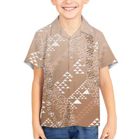 Hawaii Beige Kapa Family Matching Off Shoulder Short Dress and Hawaiian Shirt Vintage 'Ohe Kāpala Motifs Mix Plumeria Leis