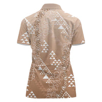 Hawaii Beige Kapa Women Polo Shirt Vintage 'Ohe Kāpala Motifs Mix Plumeria Leis