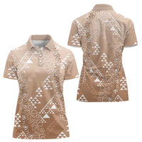 Hawaii Beige Kapa Women Polo Shirt Vintage 'Ohe Kāpala Motifs Mix Plumeria Leis