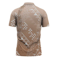 Hawaii Beige Kapa Zipper Polo Shirt Vintage 'Ohe Kāpala Motifs Mix Plumeria Leis