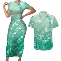 Hawaii Jade Green Kapa Couples Matching Short Sleeve Bodycon Dress and Hawaiian Shirt Vintage 'Ohe Kāpala Motifs Mix Plumeria Leis