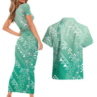 Hawaii Jade Green Kapa Couples Matching Short Sleeve Bodycon Dress and Hawaiian Shirt Vintage 'Ohe Kāpala Motifs Mix Plumeria Leis