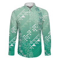 Hawaii Jade Green Kapa Family Matching Off The Shoulder Long Sleeve Dress and Hawaiian Shirt Vintage 'Ohe Kāpala Motifs Mix Plumeria Leis LT7 Dad's Shirt - Long Sleeve Jade Green - Polynesian Pride