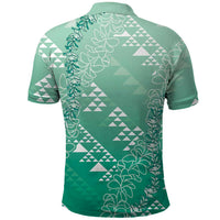 Hawaii Jade Green Kapa Polo Shirt Vintage 'Ohe Kāpala Motifs Mix Plumeria Leis