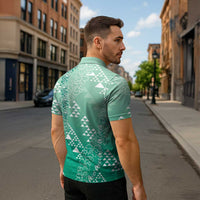 Hawaii Jade Green Kapa Zipper Polo Shirt Vintage 'Ohe Kāpala Motifs Mix Plumeria Leis