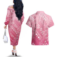 Hawaii Rose Pink Kapa Couples Matching Off The Shoulder Long Sleeve Dress and Hawaiian Shirt Vintage 'Ohe Kāpala Motifs Mix Plumeria Leis