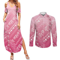Hawaii Rose Pink Kapa Couples Matching Summer Maxi Dress and Long Sleeve Button Shirt Vintage 'Ohe Kāpala Motifs Mix Plumeria Leis