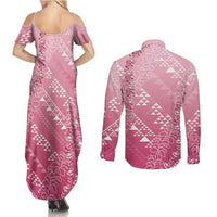 Hawaii Rose Pink Kapa Couples Matching Summer Maxi Dress and Long Sleeve Button Shirt Vintage 'Ohe Kāpala Motifs Mix Plumeria Leis