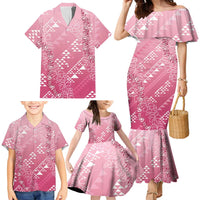 Hawaii Rose Pink Kapa Family Matching Mermaid Dress and Hawaiian Shirt Vintage 'Ohe Kāpala Motifs Mix Plumeria Leis