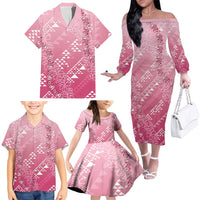 Hawaii Rose Pink Kapa Family Matching Off The Shoulder Long Sleeve Dress and Hawaiian Shirt Vintage 'Ohe Kāpala Motifs Mix Plumeria Leis