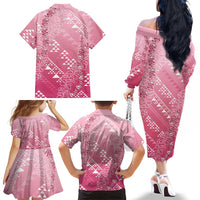 Hawaii Rose Pink Kapa Family Matching Off The Shoulder Long Sleeve Dress and Hawaiian Shirt Vintage 'Ohe Kāpala Motifs Mix Plumeria Leis