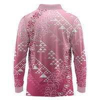 Hawaii Rose Pink Kapa Long Sleeve Polo Shirt Vintage 'Ohe Kāpala Motifs Mix Plumeria Leis