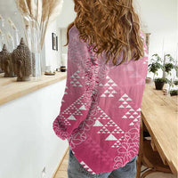 Hawaii Rose Pink Kapa Women Casual Shirt Vintage 'Ohe Kāpala Motifs Mix Plumeria Leis