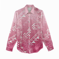 Hawaii Rose Pink Kapa Women Casual Shirt Vintage 'Ohe Kāpala Motifs Mix Plumeria Leis