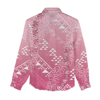 Hawaii Rose Pink Kapa Women Casual Shirt Vintage 'Ohe Kāpala Motifs Mix Plumeria Leis