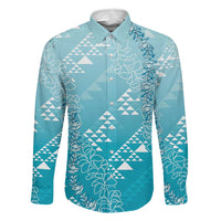 Hawaii Turquoise Kapa Family Matching Summer Maxi Dress and Hawaiian Shirt Vintage 'Ohe Kāpala Motifs Mix Plumeria Leis LT7 Dad's Shirt - Long Sleeve Turquoise - Polynesian Pride