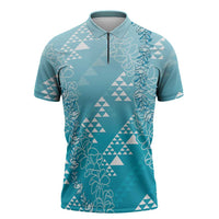 Hawaii Turquoise Kapa Zipper Polo Shirt Vintage 'Ohe Kāpala Motifs Mix Plumeria Leis