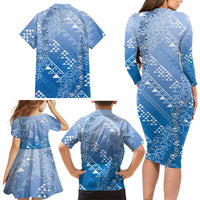 Hawaii Royal Blue Kapa Family Matching Long Sleeve Bodycon Dress and Hawaiian Shirt Vintage 'Ohe Kāpala Motifs Mix Plumeria Leis