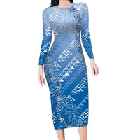 Hawaii Royal Blue Kapa Family Matching Long Sleeve Bodycon Dress and Hawaiian Shirt Vintage 'Ohe Kāpala Motifs Mix Plumeria Leis