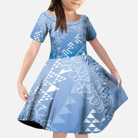 Hawaii Royal Blue Kapa Family Matching Off The Shoulder Long Sleeve Dress and Hawaiian Shirt Vintage 'Ohe Kāpala Motifs Mix Plumeria Leis