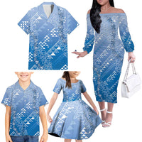 Hawaii Royal Blue Kapa Family Matching Off The Shoulder Long Sleeve Dress and Hawaiian Shirt Vintage 'Ohe Kāpala Motifs Mix Plumeria Leis