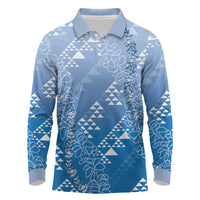 Hawaii Royal Blue Kapa Long Sleeve Polo Shirt Vintage 'Ohe Kāpala Motifs Mix Plumeria Leis