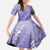 Hawaii Lavender Kapa Family Matching Off Shoulder Short Dress and Hawaiian Shirt Vintage 'Ohe Kāpala Motifs Mix Plumeria Leis LT7 Daughter's Dress Lavender - Polynesian Pride