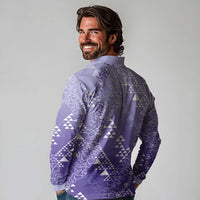 Hawaii Lavender Kapa Long Sleeve Polo Shirt Vintage 'Ohe Kāpala Motifs Mix Plumeria Leis