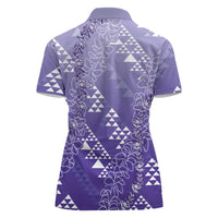 Hawaii Lavender Kapa Women Polo Shirt Vintage 'Ohe Kāpala Motifs Mix Plumeria Leis