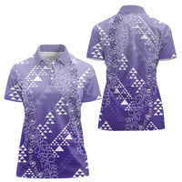 Hawaii Lavender Kapa Women Polo Shirt Vintage 'Ohe Kāpala Motifs Mix Plumeria Leis