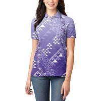 Hawaii Lavender Kapa Women Polo Shirt Vintage 'Ohe Kāpala Motifs Mix Plumeria Leis
