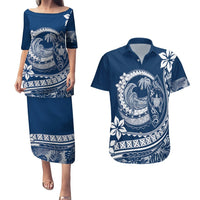 Polynesian Plumeria Couples Matching Puletasi Dress and Hawaiian Shirt Ride The Waves - Navy Blue LT7 Navy Blue - Polynesian Pride