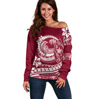Polynesian Plumeria Off Shoulder Sweater Ride The Waves - Burgundy LT7 Women Burgundy - Polynesian Pride