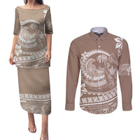 Polynesian Plumeria Couples Matching Puletasi Dress and Long Sleeve Button Shirts Ride The Waves - Beige LT7 Beige - Polynesian Pride