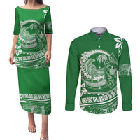 Polynesian Plumeria Couples Matching Puletasi Dress and Long Sleeve Button Shirts Ride The Waves - Green LT7 Green - Polynesian Pride