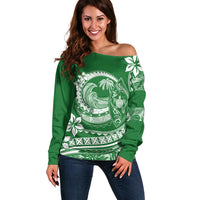 Polynesian Plumeria Off Shoulder Sweater Ride The Waves - Green LT7 Women Green - Polynesian Pride