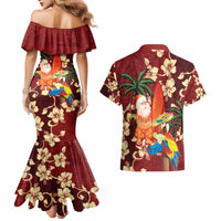 Crimson Red Tropical Christmas Hawaii Tapa Couples Matching Mermaid Dress and Hawaiian Shirt Aloha Santa Drink Party - Polynesian Pride