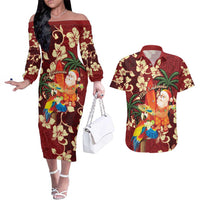 Crimson Red Tropical Christmas Hawaii Tapa Couples Matching Off The Shoulder Long Sleeve Dress and Hawaiian Shirt Aloha Santa Drink Party - Polynesian Pride