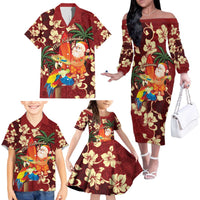 Crimson Red Tropical Christmas Hawaii Tapa Family Matching Off The Shoulder Long Sleeve Dress and Hawaiian Shirt Aloha Santa Drink Party - Polynesian Pride