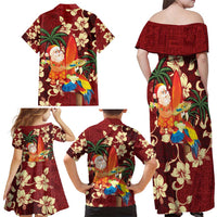 Crimson Red Tropical Christmas Hawaii Tapa Family Matching Off Shoulder Maxi Dress and Hawaiian Shirt Aloha Santa Drink Party - Polynesian Pride